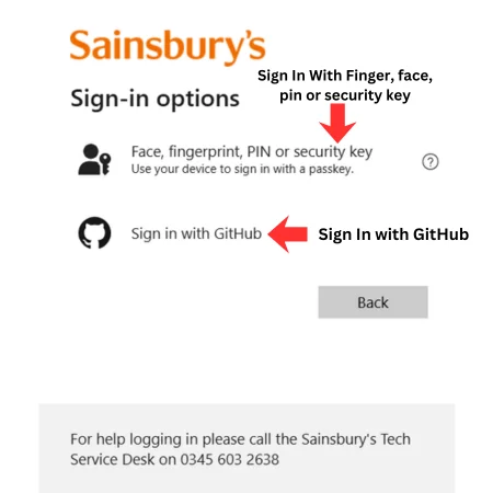 MySainsburys login options showing different portal choices
