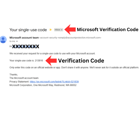 Microsoft verification code screen on MySainsburys